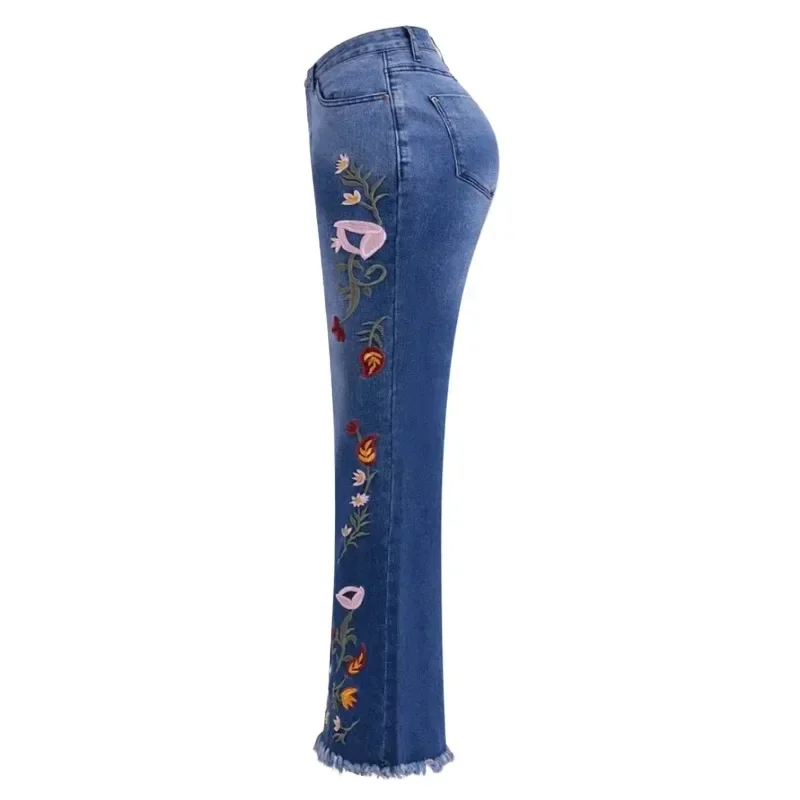 Jean évasé très extensible pour femme – Pantalon en jean à fond cloche avec détails brodés, pantalon confortable à taille élastique