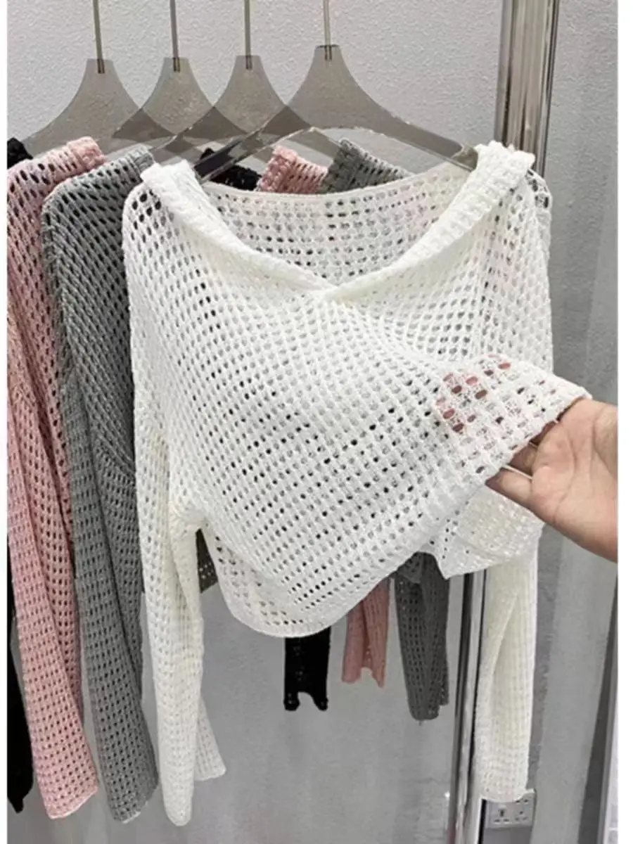 เสื้อสเวตเตอร์ถักลายฉลุมีฮู้ดสำหรับผู้หญิง แขนยาวโปร่งแสง ทรงบ็อกซี่ ครอปท็อป สำหรับวัยรุ่น ฤดูใบไม้ผลิ ฤดูร้อน สไตล์ Y2K