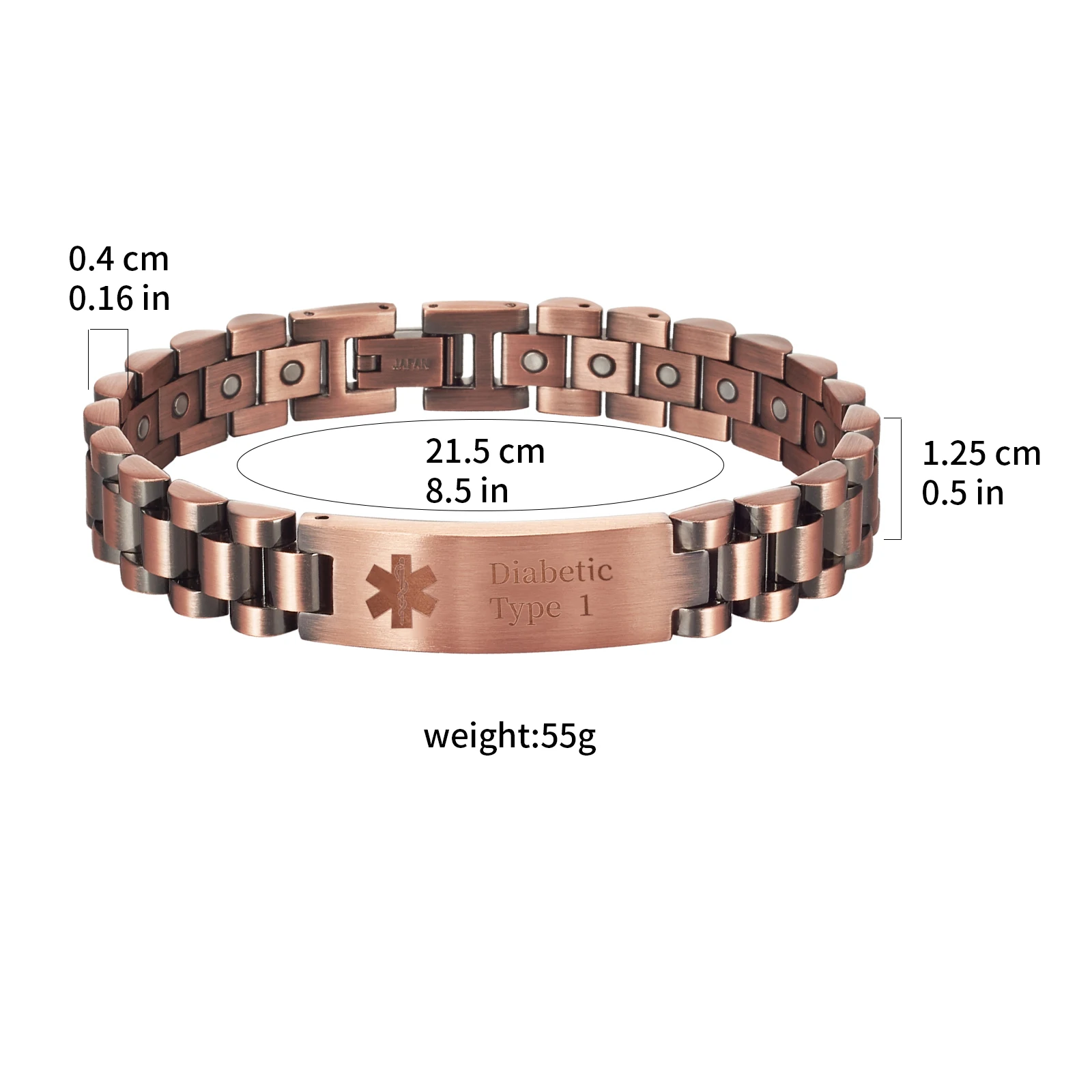 Stainless Steel Magnetic Medical Alert Bracelet, 8.5 inches, Copper Jewelry Bracelets for Women, Width:0.5'', Diabetic Type 1