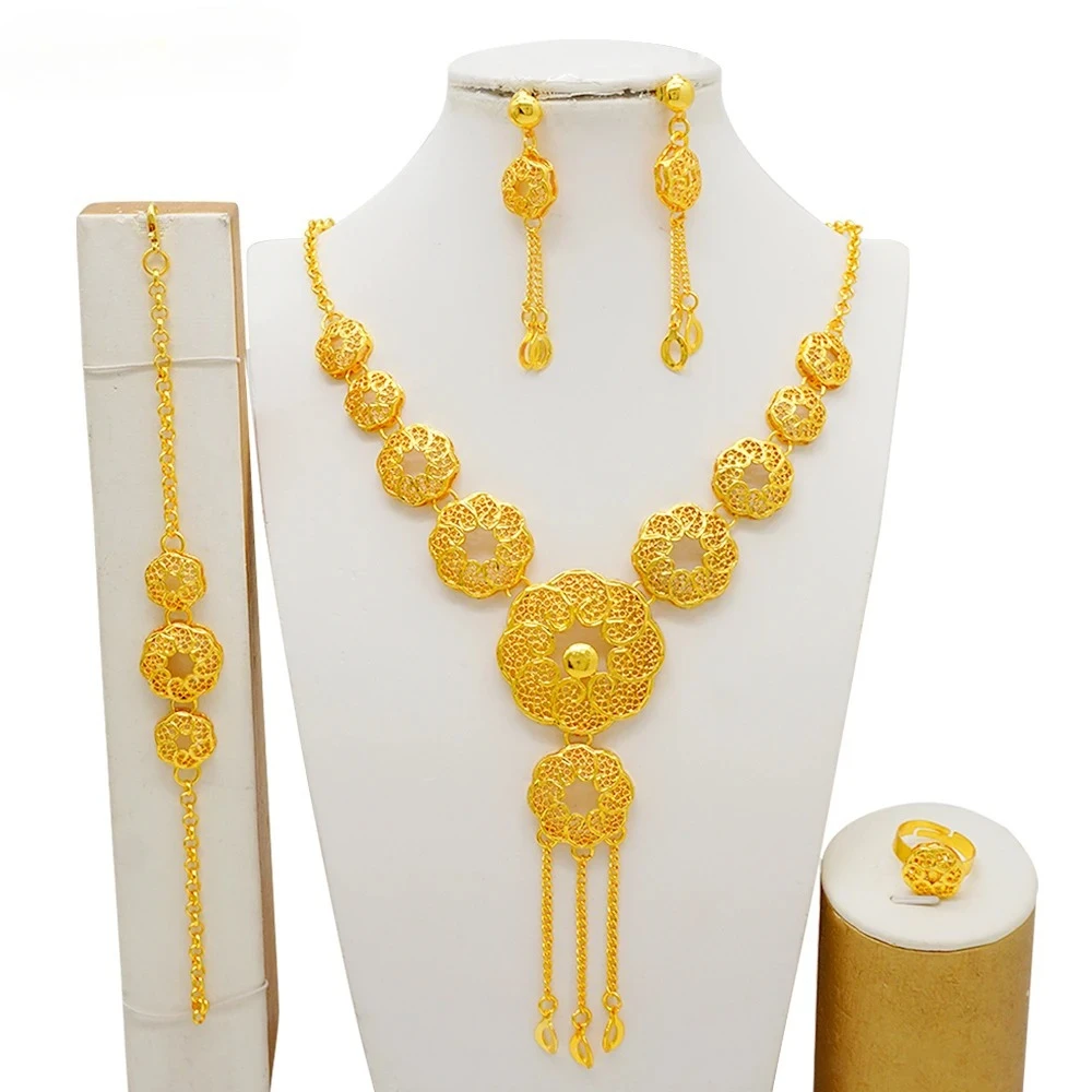 Fine Arabic Dubai Round Jewelry Set For Women Earrings Ethiopian African Long Chain Gold Color Necklace Wedding Bridal Gift