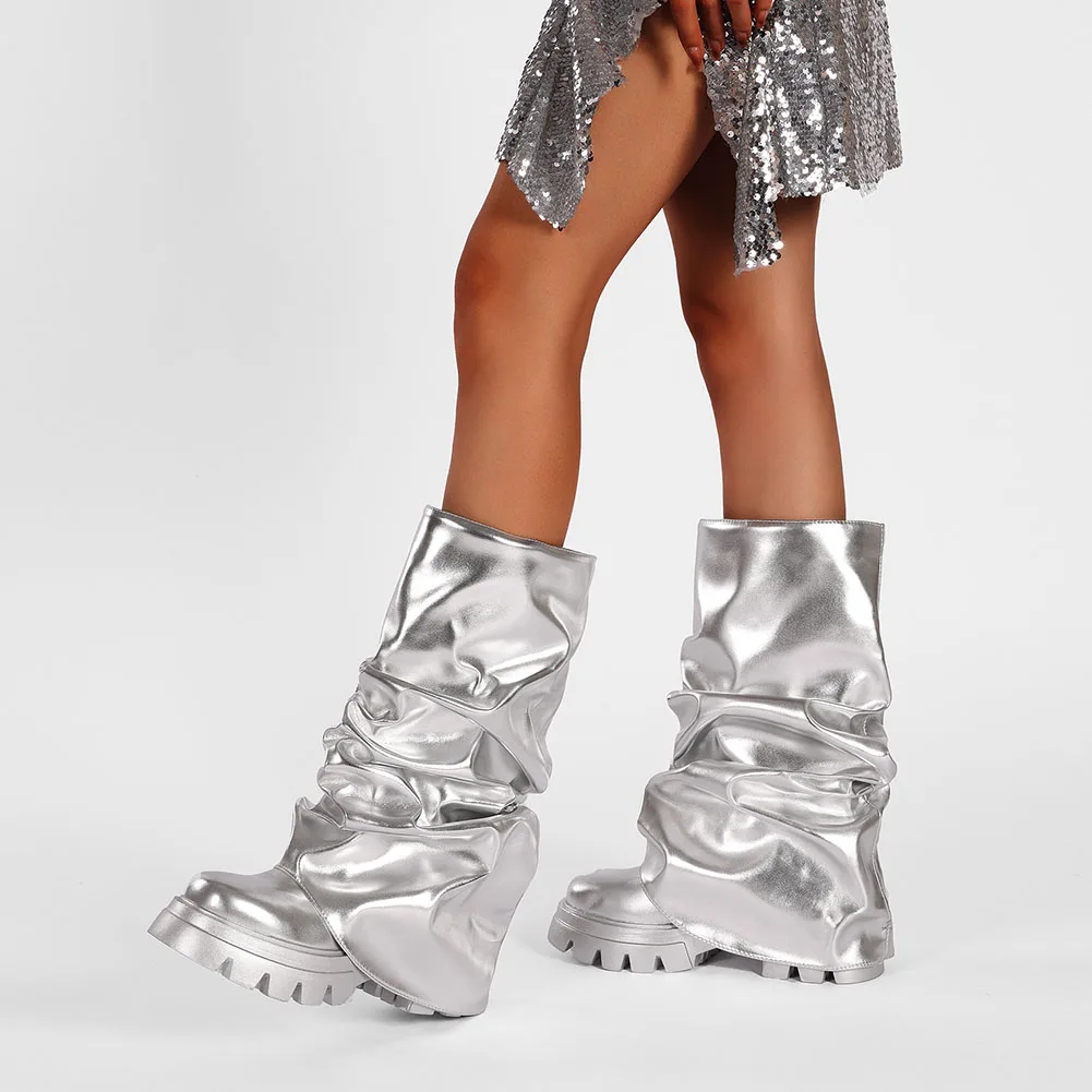 Women's Fold Over Slouchy Shark Boots Fashion Pleated Chunky High Heels Round Toe Platform Pull On Knee High Boots