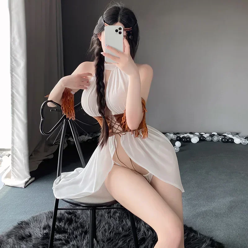 See Through Greek Goddess Sexy Lingerie Exotic Open Bra Corset Costume Porn Cowboy Outfit Seductive Halter Dress Tassel Handband