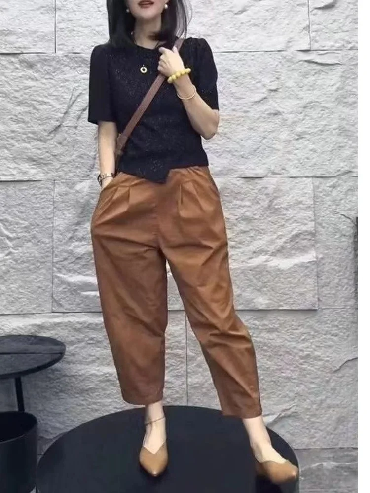 Summer Fashion plus Size round Neck Short Sleeve Nine Points Casual Pants Women's Set High Waist Slimming Effect Polyester Fa...