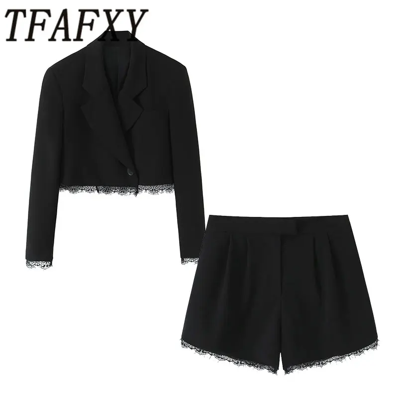TFAFXY 2026 Spring Women Sets Lace Patchwork Long Sleeve Short Blazer Casual Jacket Lace Wide Leg Shorts Suits Y2K