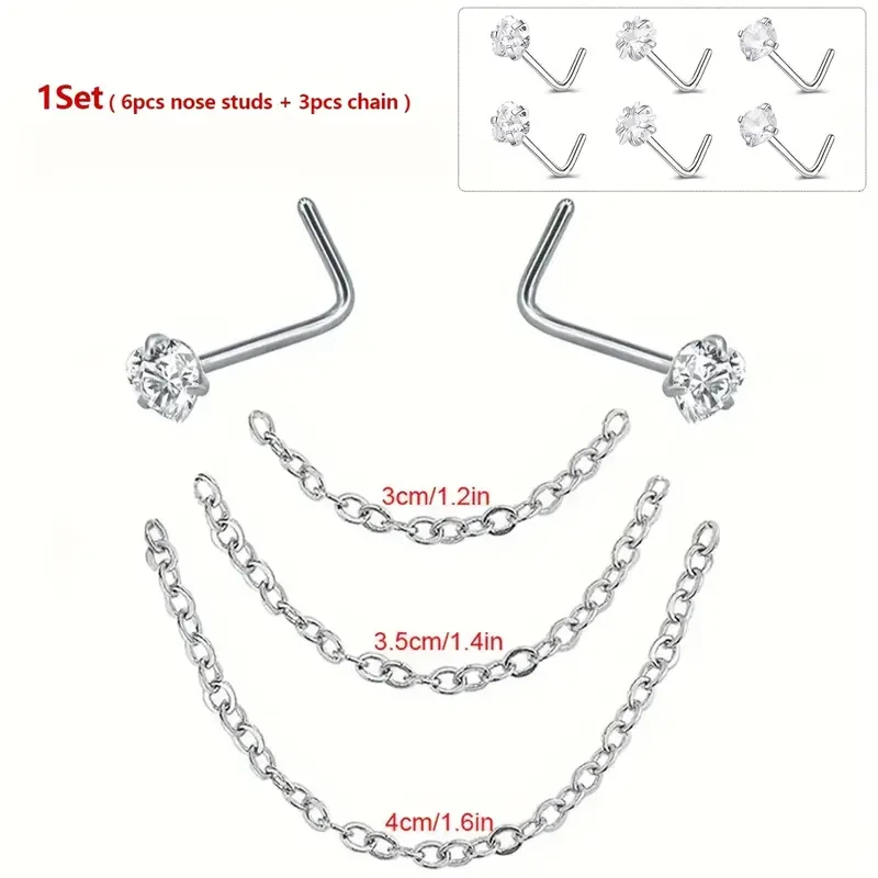 

1 Set/9pcs Stainless Steel Nose Stud with Chain Round/Heart/Star/Cubic Zirconia Nostril Ring Nose Stud Piercing Body Jewelry Set