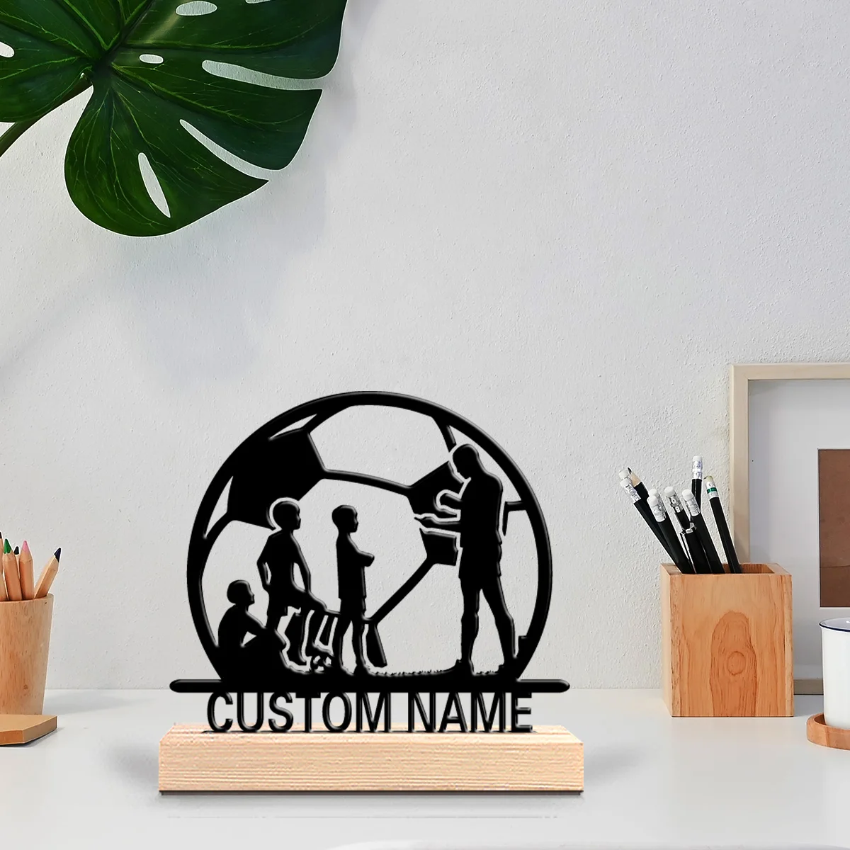 1pc Abstract soccer boy Metal Statue Metal Ornament Custom Name Art Crafts With Wood Base Metal Ornament Office Desky