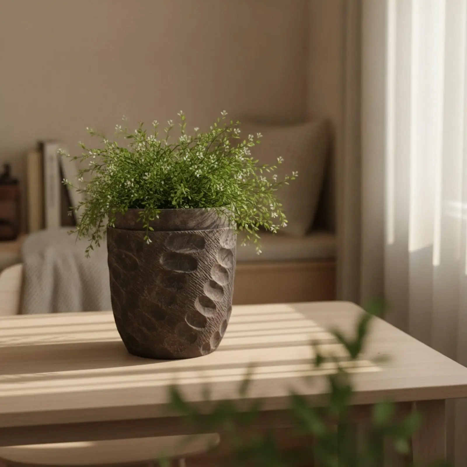 Gallery Style Textured Cement Planter for Indoor Floral Arrangements Composite Stone Flower Pot with Raised Texture and Stable