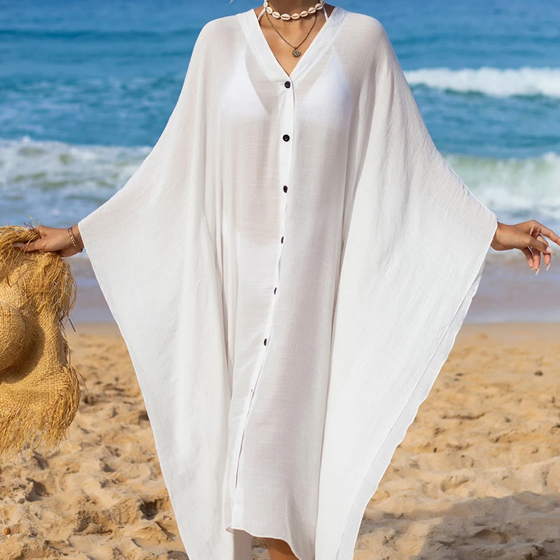 

Beach Shirts Long Tunic Kimono Pareo Cover Ups for Swimwear Women Batween Sleeve Solid Button Up Cardigan Femme