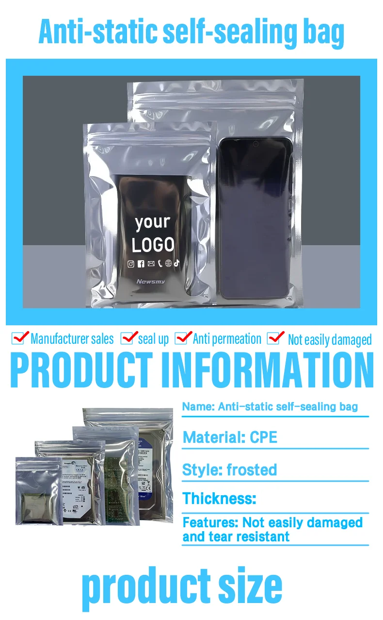 100 Ziplock-Beutel für Motherboards, Grafikkarten, elektronische Produkte, Handyhüllen, Verpackungsbeutel, antistatische Beutel, mit individuellem Logo – Detail 1