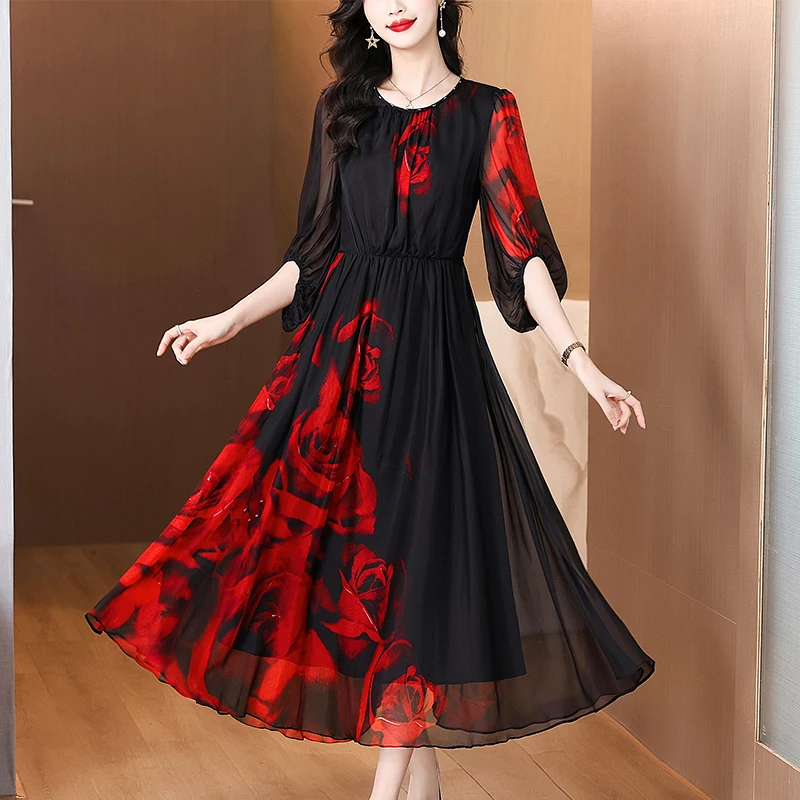 

2025 Spring Holiday Boho Beach Hepburn Maxi Vestidos Women's Vintage Print Elegant Evening Prom Summer Luxury Silk Midi Dress