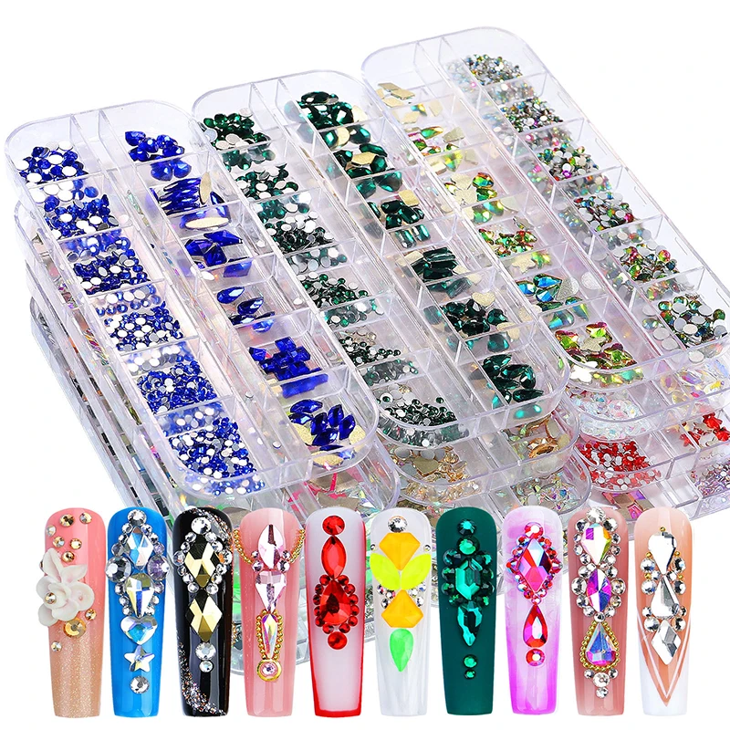 เล็บ Rhinestones คริสตัลแก้วอัญมณีสีแดงสีฟ้าลูกปัดทรงกลม Flatback Rhinestones ขนาดผสมเล็บ Charms DIY สำหรับตกแต่งเล็บ