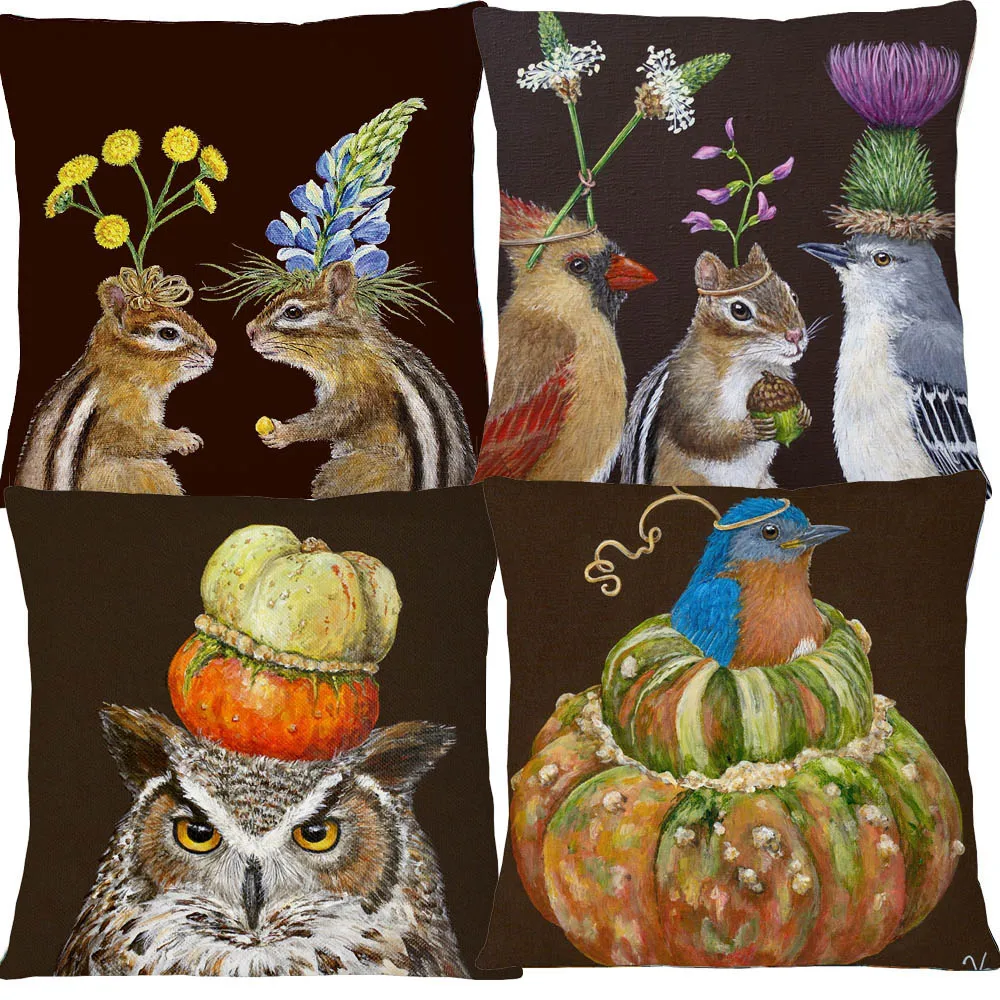 European Chipmunks Birds Rabbit Owl Animals Flower Painting Sofa Throw Pillowcase Home Decoration Art Cushion Cover