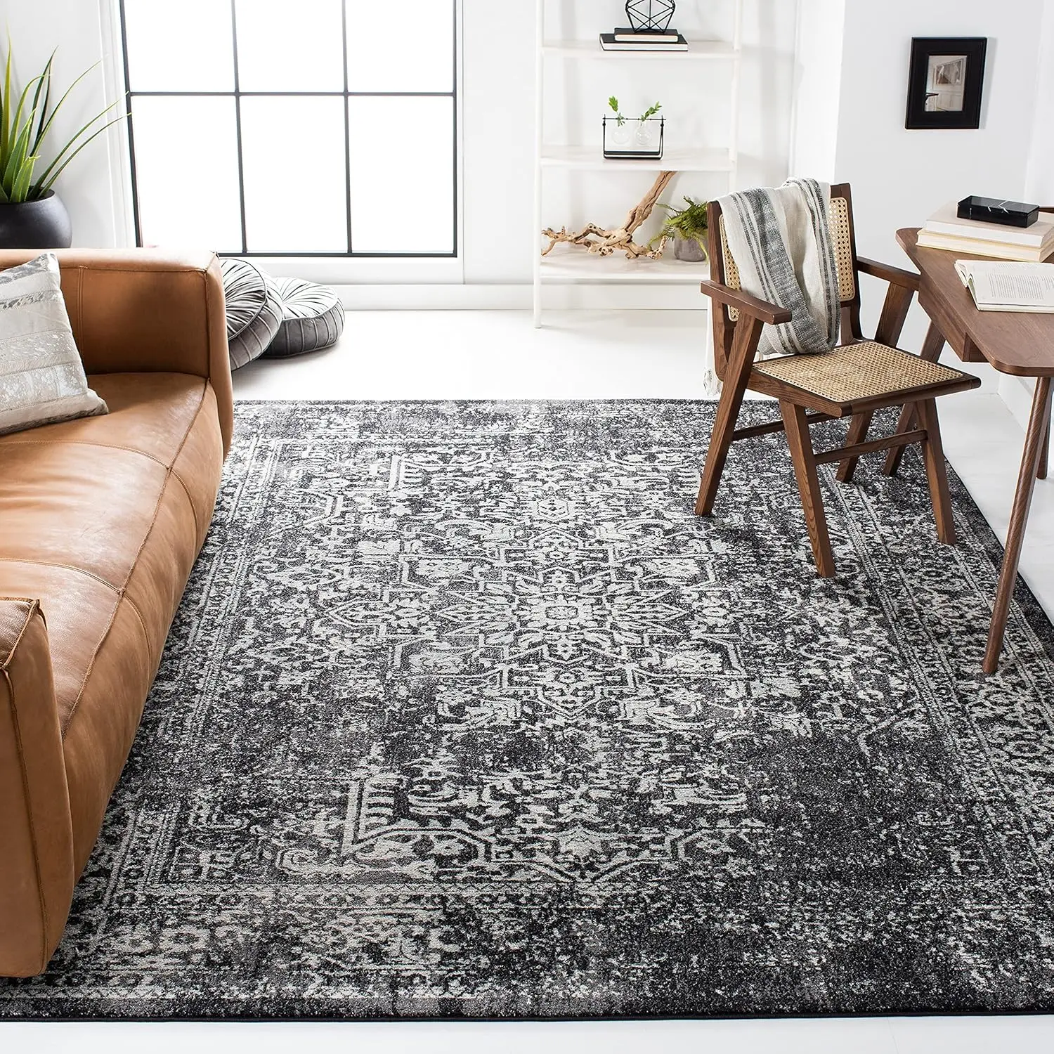 Area Rug - 10' x 14', Black & Grey, Oriental Distressed Design, Non-Shedding & Easy Care