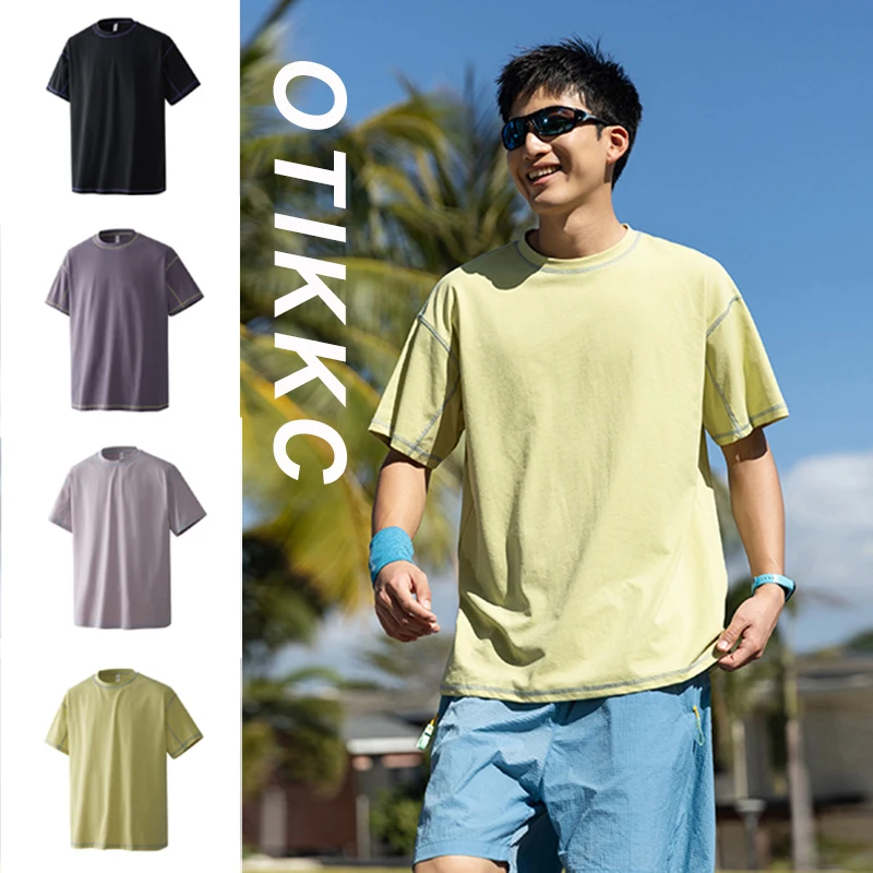 

American Sports Style Solid Color Training Clothes For Men In Summer, Retro Lines,Loose And Versatile Short-Sleeved T-Shirts