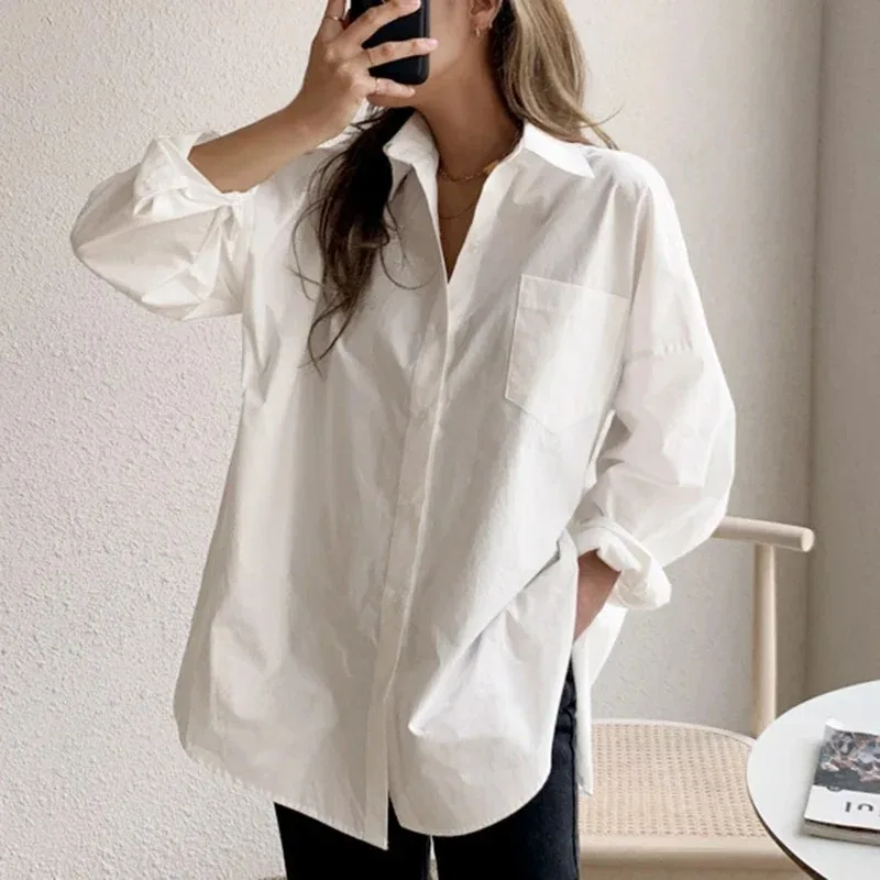2025 moda nueva camisa de manga larga de algodón de talla grande para mujer, blusas holgadas informales blancas elegantes para oficina, Tops con cuello vuelto