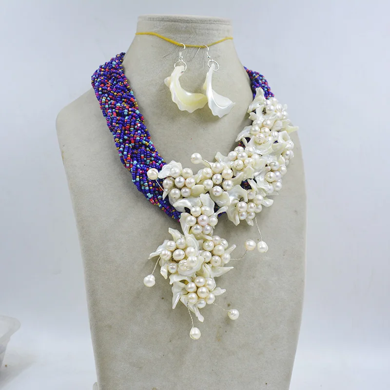 Handwoven Shell Flower Necklace Earring Set  18”