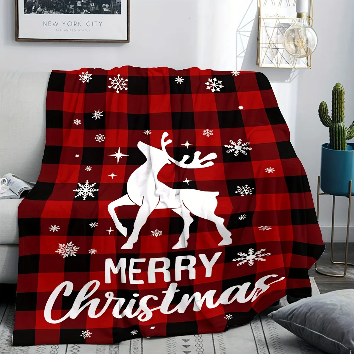 

Cozy Contemporary Red Buffalo Plaid Flannel Fleece Throw Blanket with Digital Print Reindeer and Snowflakes