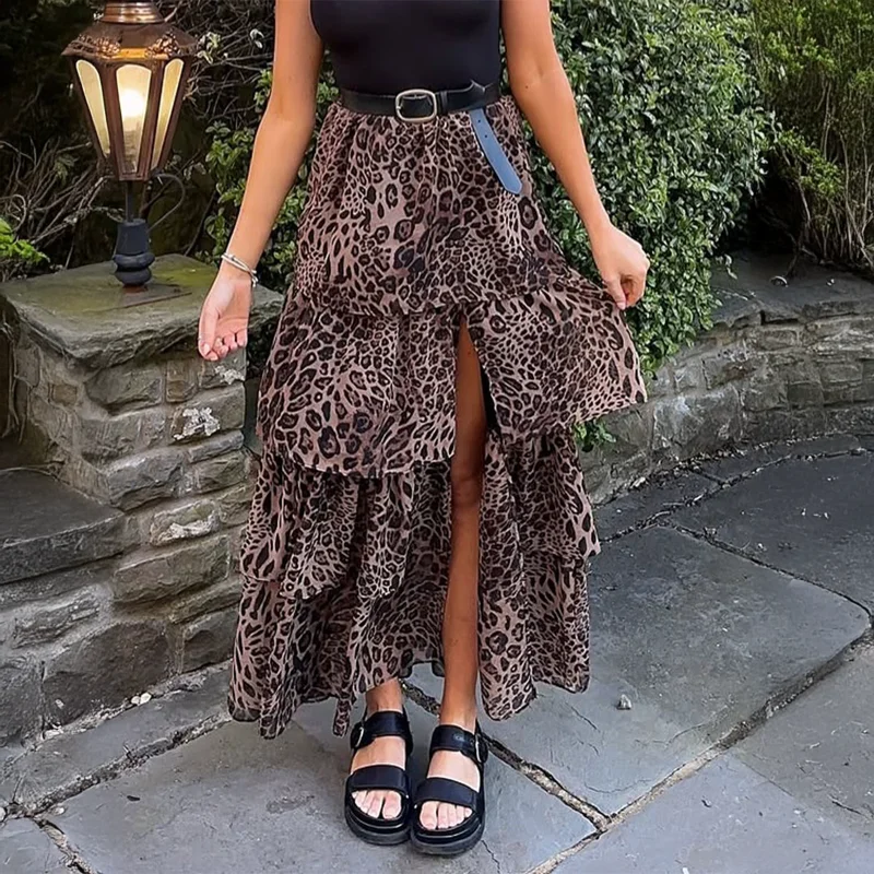 

Elegant Leopard Print Cake Long Skirt Skirt for Women 2025 Autumn and Winter
