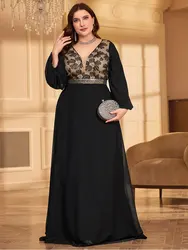 Plus Size V Neck Black Embroidered Floor-Length Evening Dress 4XL 5XL Big Size Shiny Floor-Length Evening Dress 2024 Women