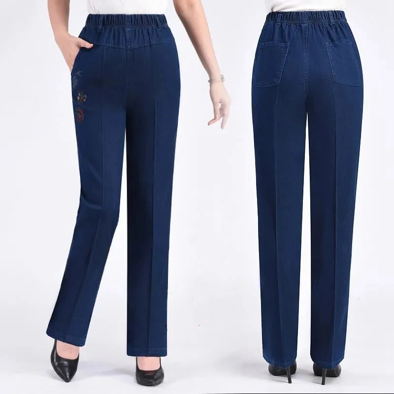 Middle-aged Women's Jeans Spring Autumn Stretch Waist Straight Denim Pants Large Size Loose High Waist Casual Jeans Trousers 5XL