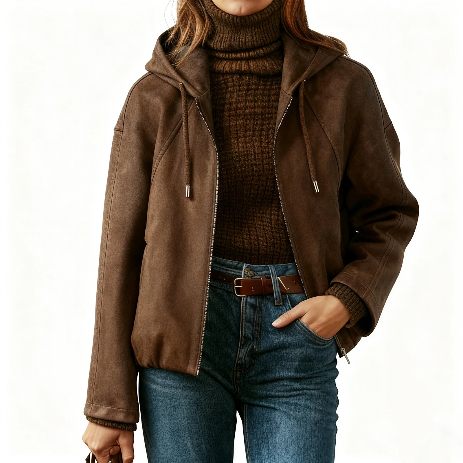 

YHOPE Женская летная куртка с капюшоном из искусственной замши на шнурке - повседневная однотонная верхняя одежда на молнии с карманами