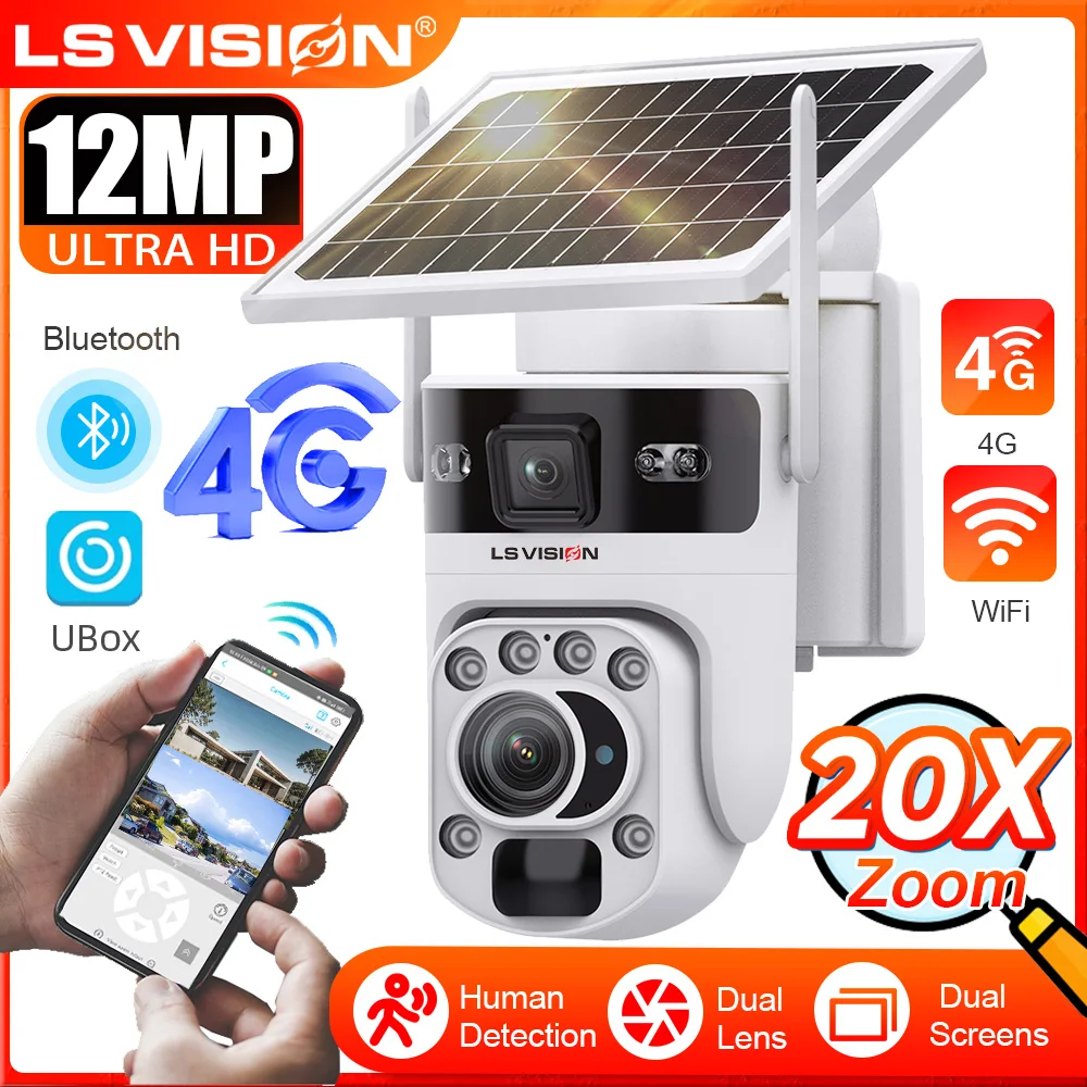 

LS VISION 12MP 4G LTE Solar Camera Dual Lens 20X ZOOM WiFi Security Camera PTZ Human Detection Auto Tracking Night Vision Ubox