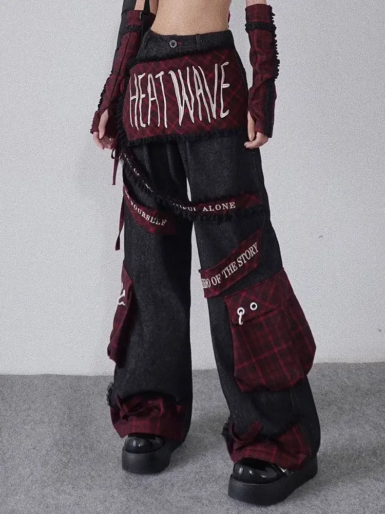 Subculture Heavy Industries Embroidered Plaid Jeans Women Y2k Multi-pocket High Street Loose Thin Wide Leg Panelled Mop Trousers