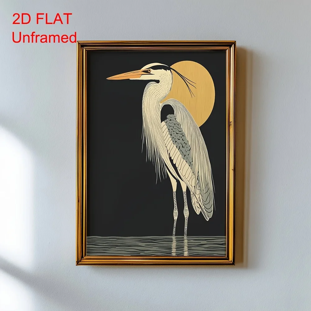 2D FLAT No Framed Vintage Heron Japanese Poster, Mid Century Retro Animal Bird Japandi Wall Art Print, Minimalist Wabi Sabi Deco