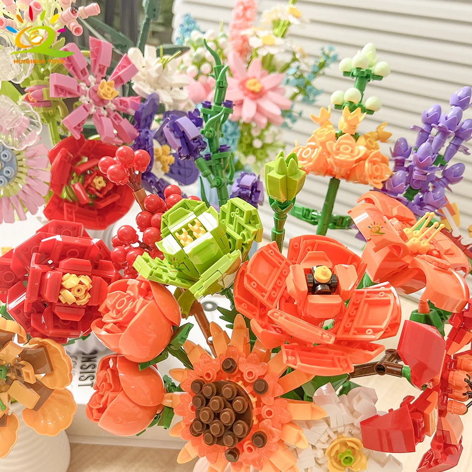 HUIQIBAO DIY MOC Flower Bouquet Model Building Blocks Plants Sunflower Bricks Kits Educational Toy For Children Girl Home Decor