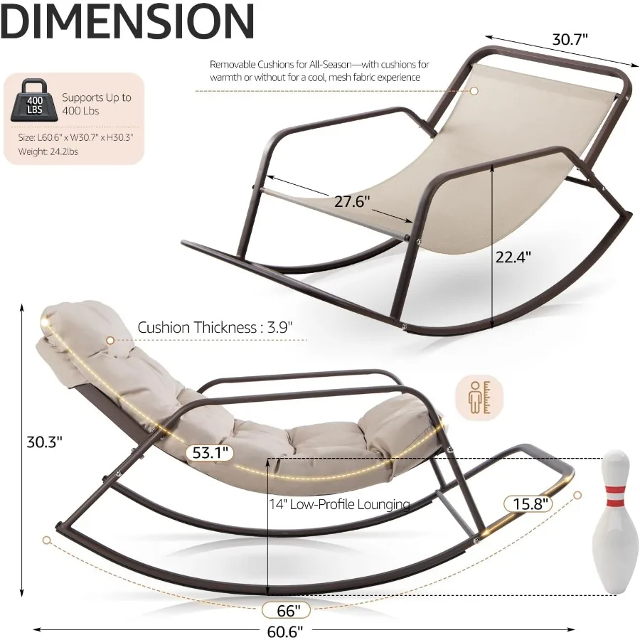 Outdoor Papasan Rocking Chair for Adults with Footrest, Oversized Patio Rocker with Cushion, Heavy Duty Steel Frame, Large Comf