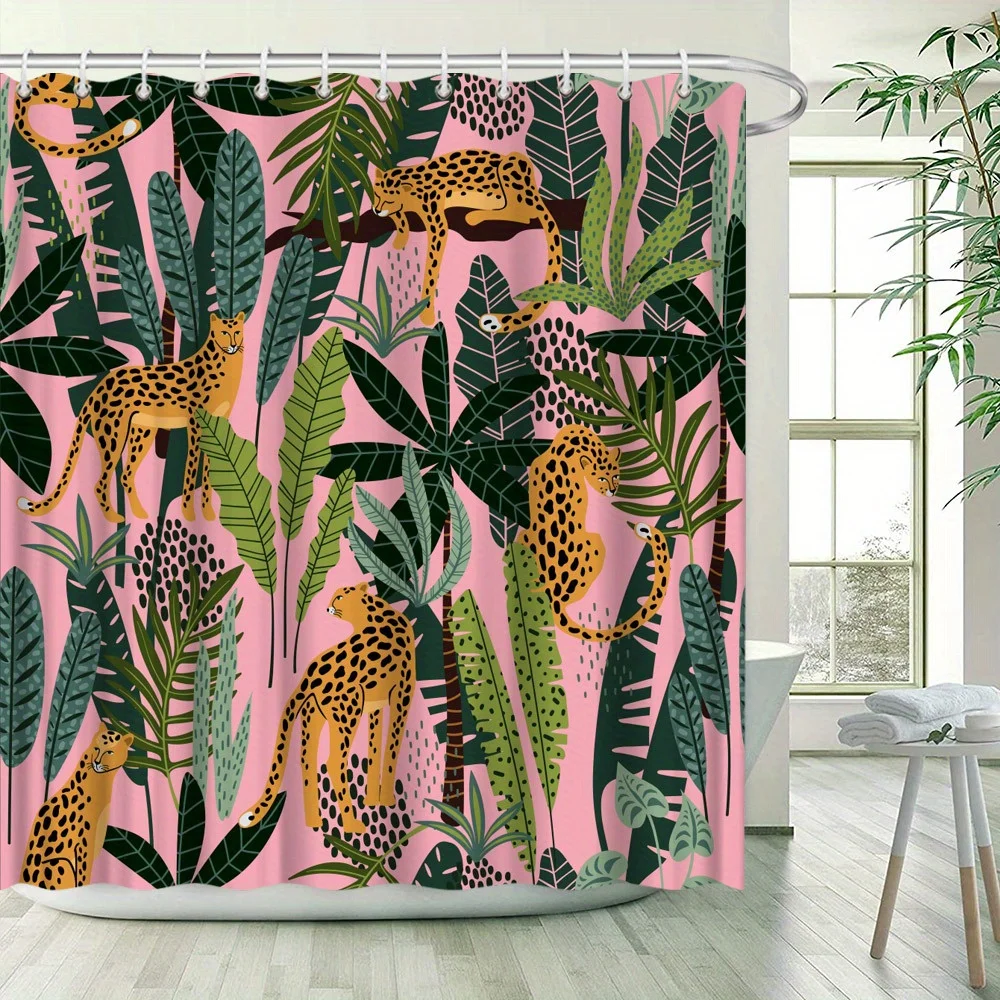 Tropical Cheetah & Foliage Bath Curtain - Vibrant Design with Cheetahs in Dynamic Poses Amidst Lush Greenery