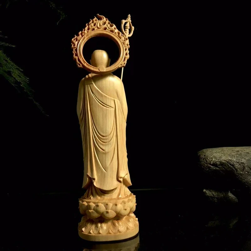 Natural Cypress Ksitigarbha Bodhisattva Statue - Buddhist Figure for Home Room Office Feng Shui Decorative Ornament