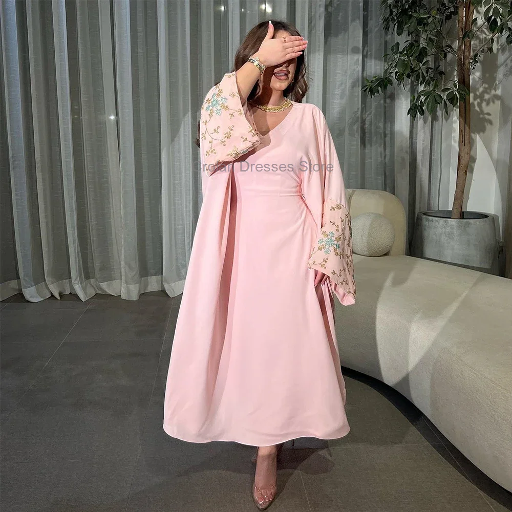 Pink Appliques Long Sleeves Evening Dress Saudi Arabia Elegant V-Neck A-line Party Gowns Jersey Prom Dress Robes De Soirée 2024