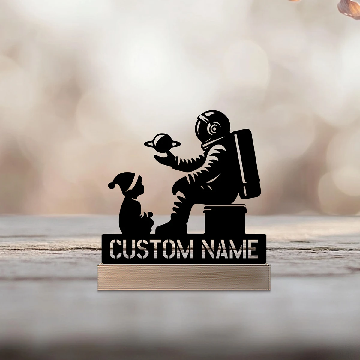 

1 pc pretty Kids and astronaut Customized Name Iron Statue With Wood Base Tin Ornament With Wood Base Home Table