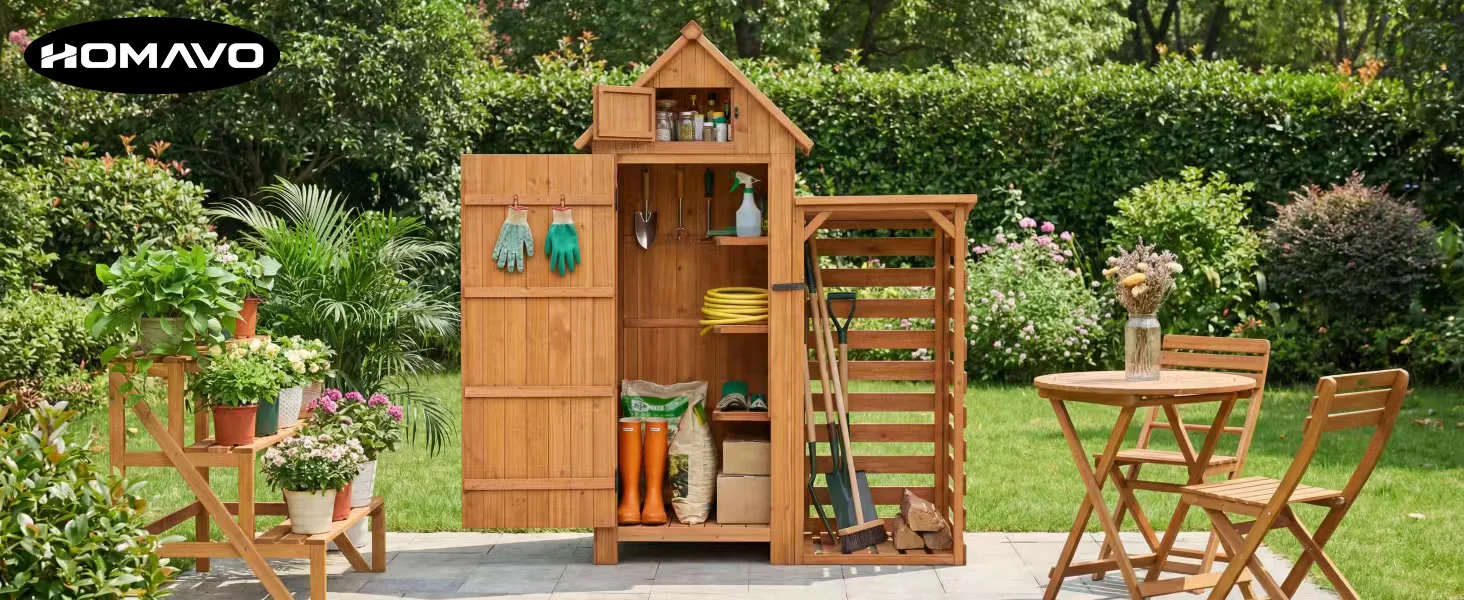 HOMAVO Gerätehaus Holz mit Kaminholzregal & UV-Schutz Pultdach, Gartenhaus Holz mit Boden, 131 × 54.3 × 179 cm, Geräteschuppen für Garten, Terrasse, Hinterhof, Rasen – Detail 1