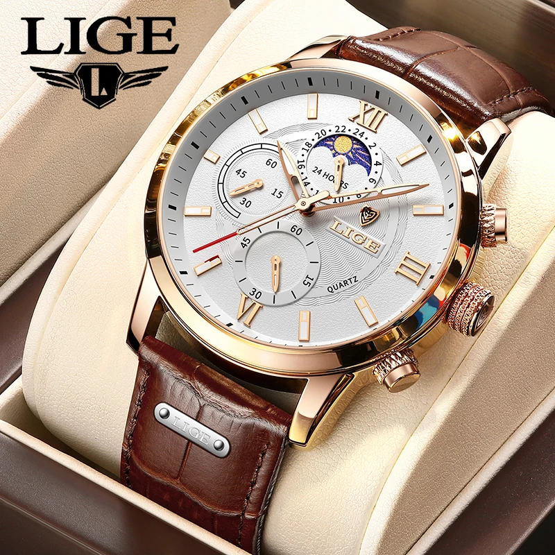 

LIGE mens wristwatch 2026 casual fashion quartz business waterproof luminous male watch moon phase chronograph reloj hommes+BOX
