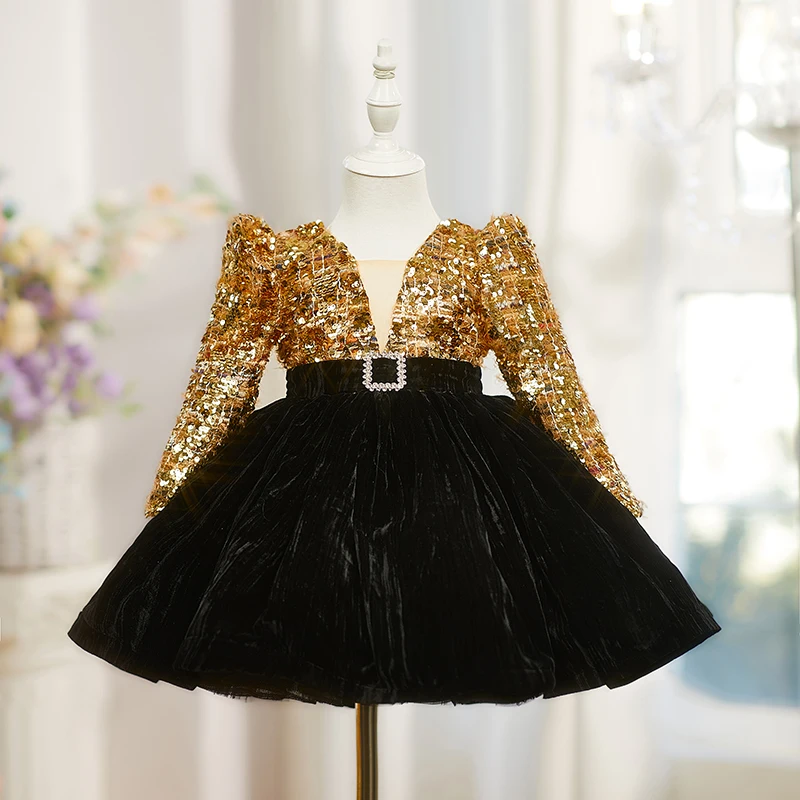 

Baby Girl One Year Old Dress French Golden Sequins Super Fairy Puffy Princess Style Puffy Super Fairy Children's Birthday Dress