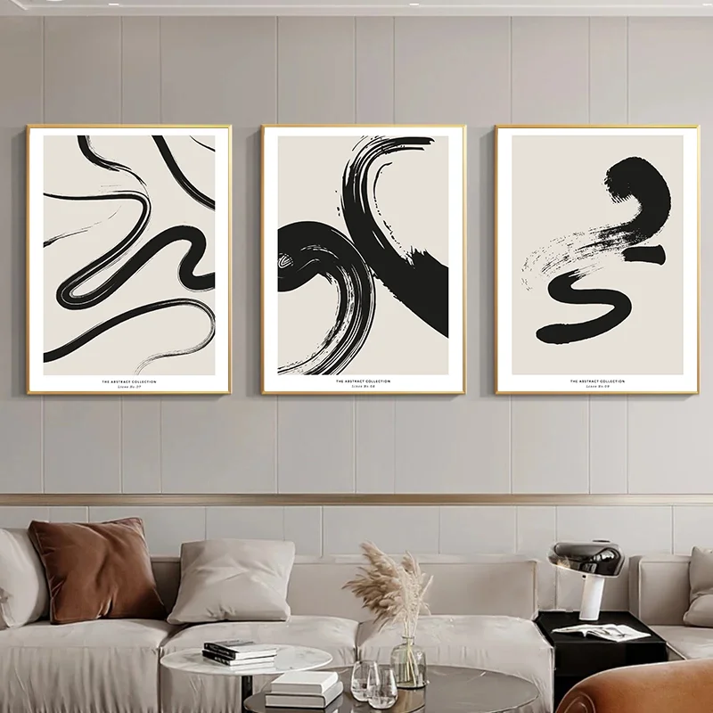 Minimalist Paint Strokes Abstract Wall Art Print Black and Beige Line Scribbles Poster Mid Century Brush Geometric Picture Decor
