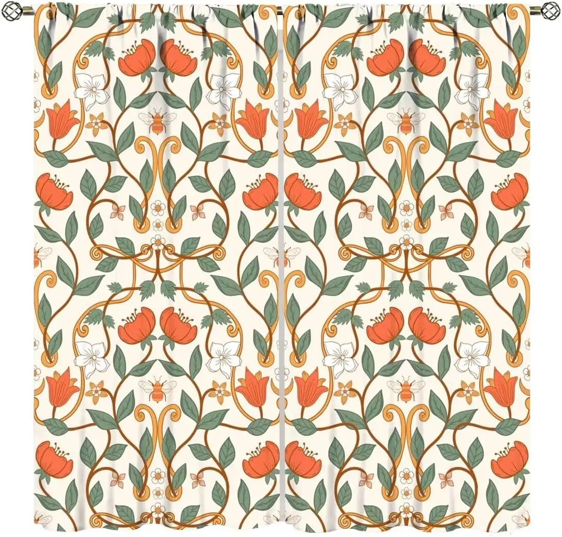 Vintage Flower Curtains,Mid-Century Floral Window Treatments for Bedroom Living Room Kitchen Retro Style Abstract Plant Drapes