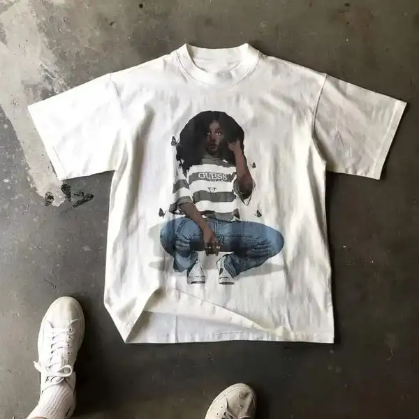 T-Shirt mit amerikanischem Hip-Hop-Charaktermuster - Lässiges und modisches Oversize-T-Shirt - Retro-Herren-T-Shirt – Detail 8