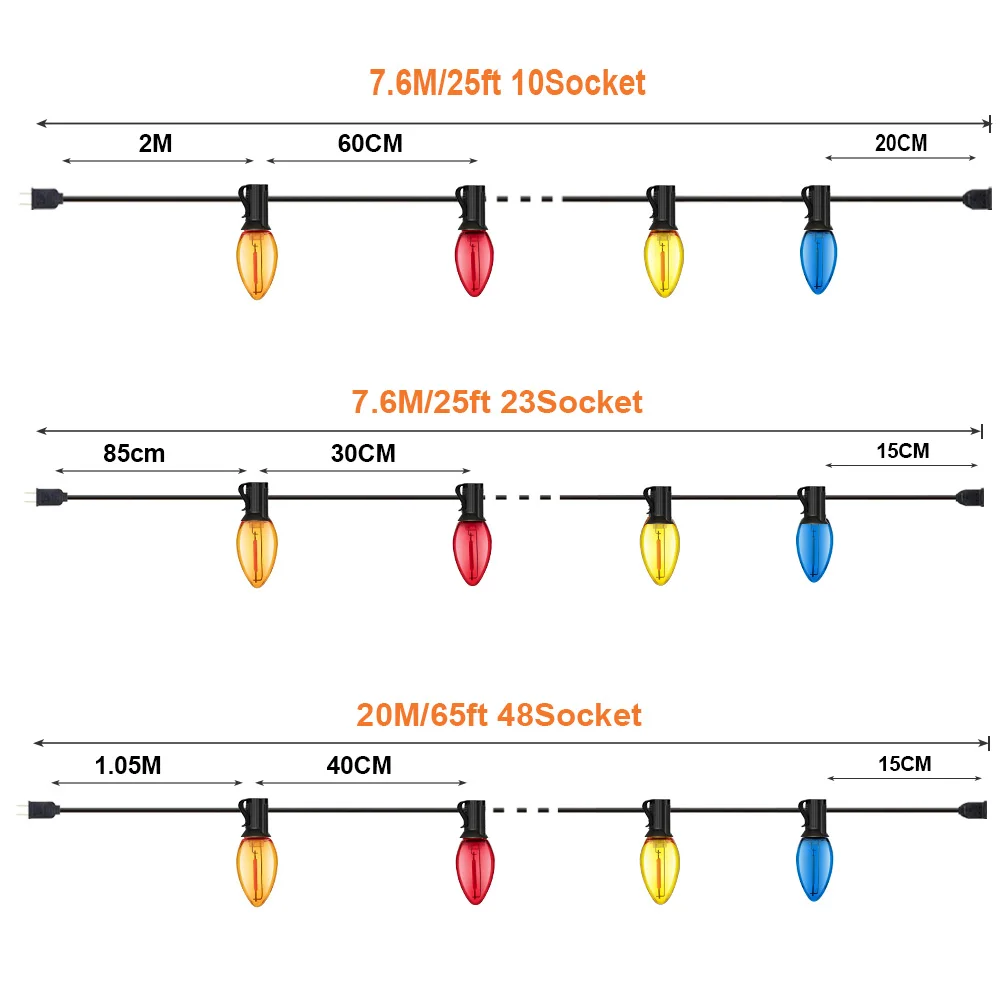 Bunte Weihnachts-Lichterkette C7, bruchsichere Ersatzlampen, 1 W, E12-Sockel, RGB, wasserdichte Girlande für Party-Gartendekoration