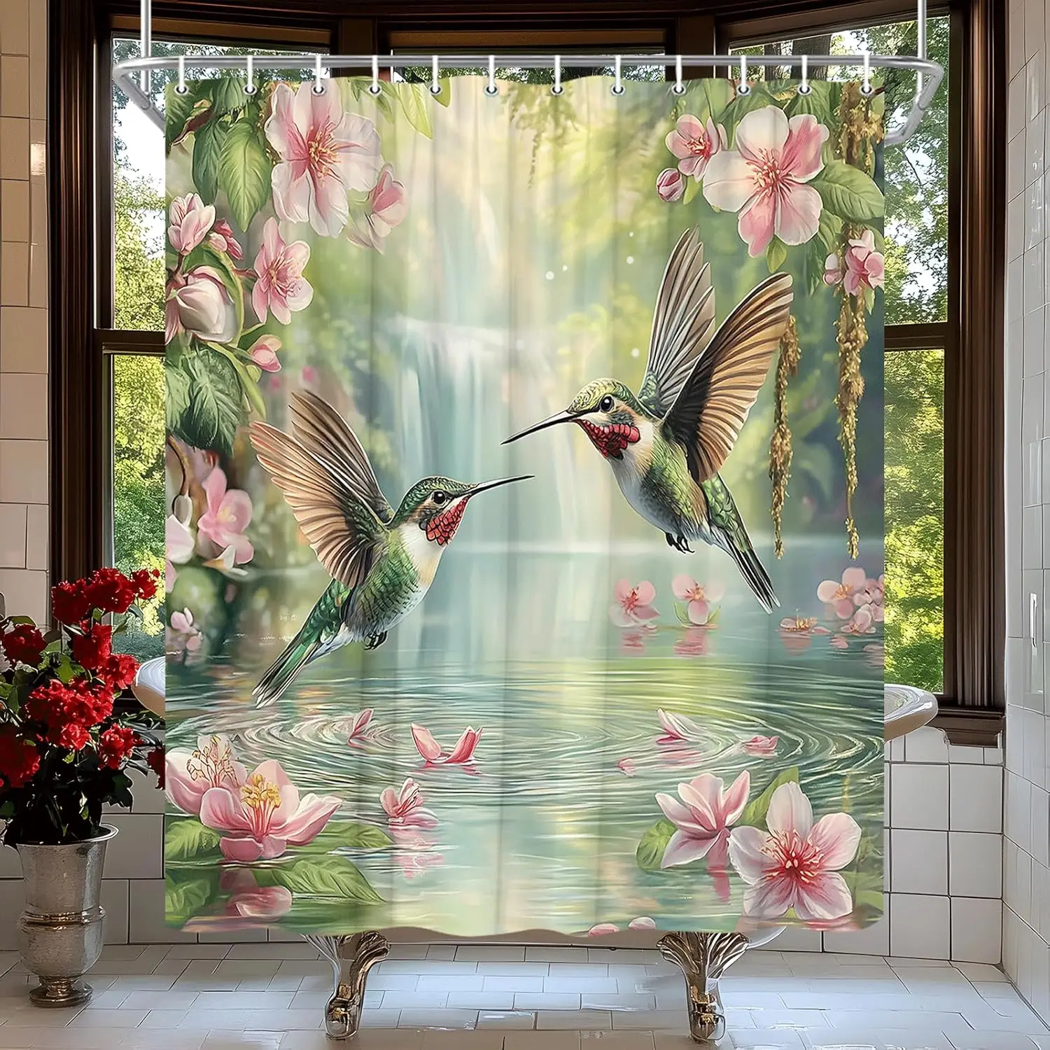 

Hummingbird Floral Shower Curtain Spring Pink Floral Green Leaves Waterfall Lake Misty Forest Spring Wildflowers Rustic Plant