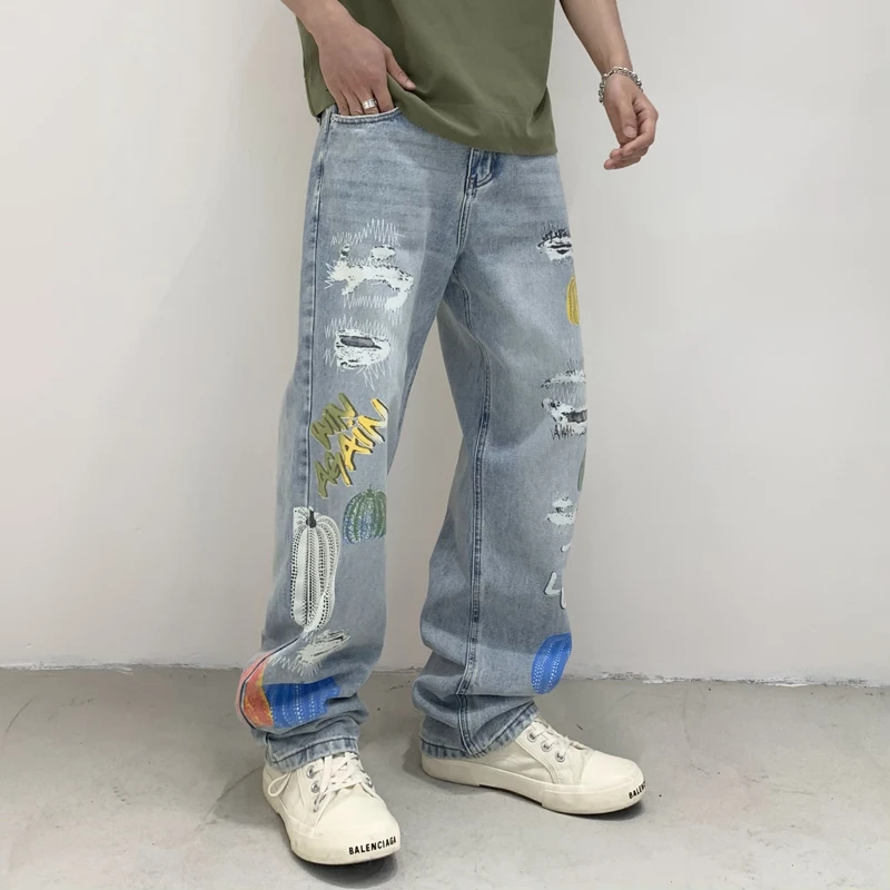 Street Trendy Personality Light Blue Pumpkin Pattern Denim Pants For Men Graphic Letter Printed New Jeans Male