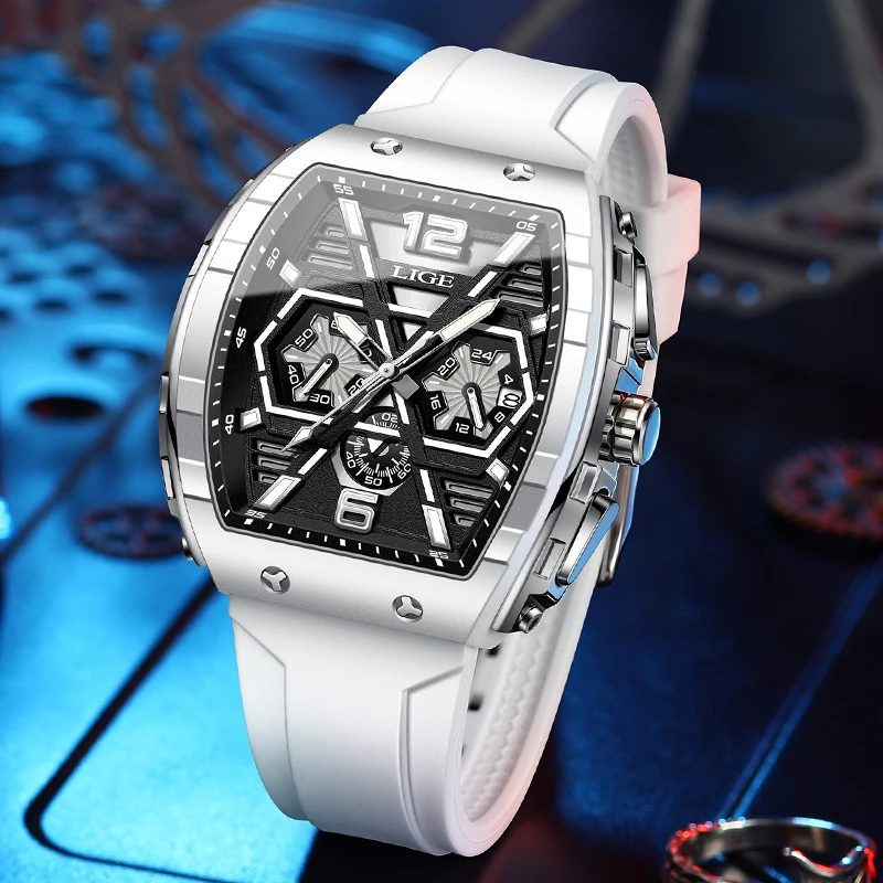 LIGE New Watches for Men 50M Waterproof Clock Luxury Sport Watch Chronograph Date Silicone Square Quartz Mens Watch Reloj Hombre