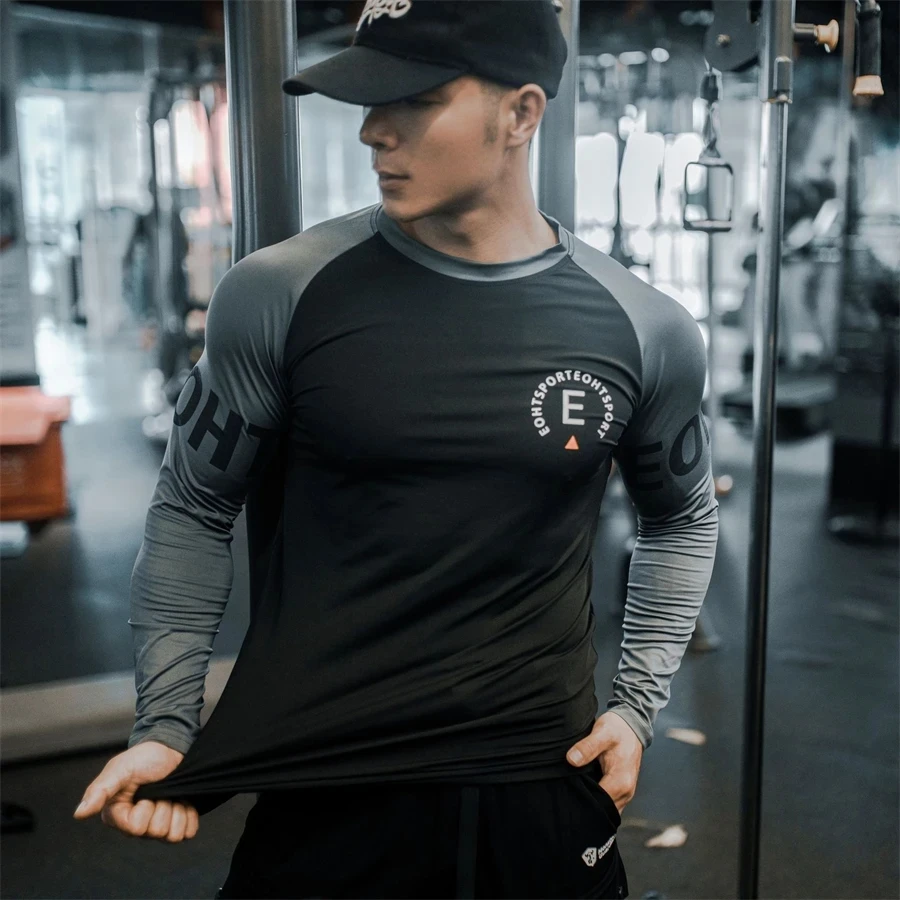 Men Bodybuilding Long Sleeve Shirt Male Casual Printing Skinny T-Shirt Gym Fitness Workout Tees Tops Running Quick Dry Clothing image 4