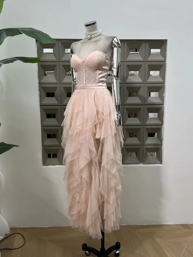 

Romantic Lace Prom Gowns Sexy Strapless Backless Pink Evening Party Long Dress Princess Luxury Elegant Festival Dresses Vestido