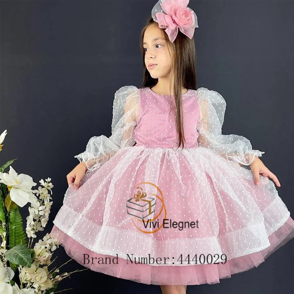 Abiti da ragazza di fiori a maniche lunghe con paletta verde menta con morbido Tulle Tutu abiti da festa di nozze lunghezza al ginocchio 2023 Summer muslimah bocch0 0 0 0