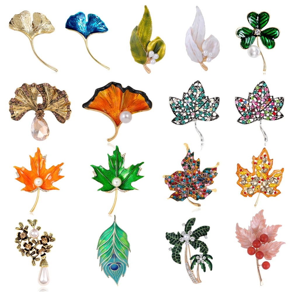 Fashion temperament leaf brooch shiny rhinestone color pin maple leaf ginkgo biloba dress men's women's accessories jewelry gift