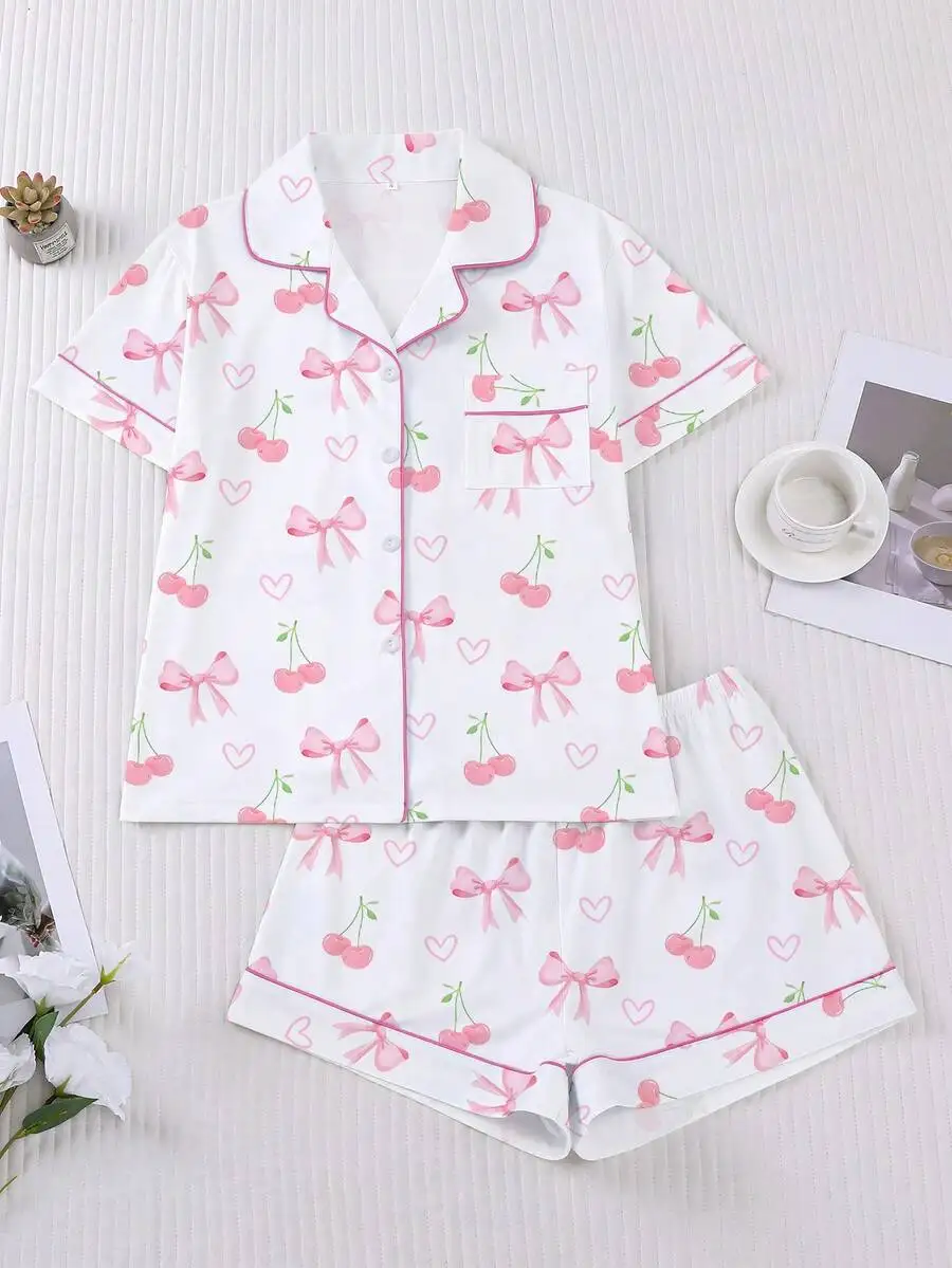 

2pcs Womens Cherry Heart Bow Print Sleepwear Set Short Sleeve Shirt Collar Top And Loose Shorts For Loungewear Nightwear