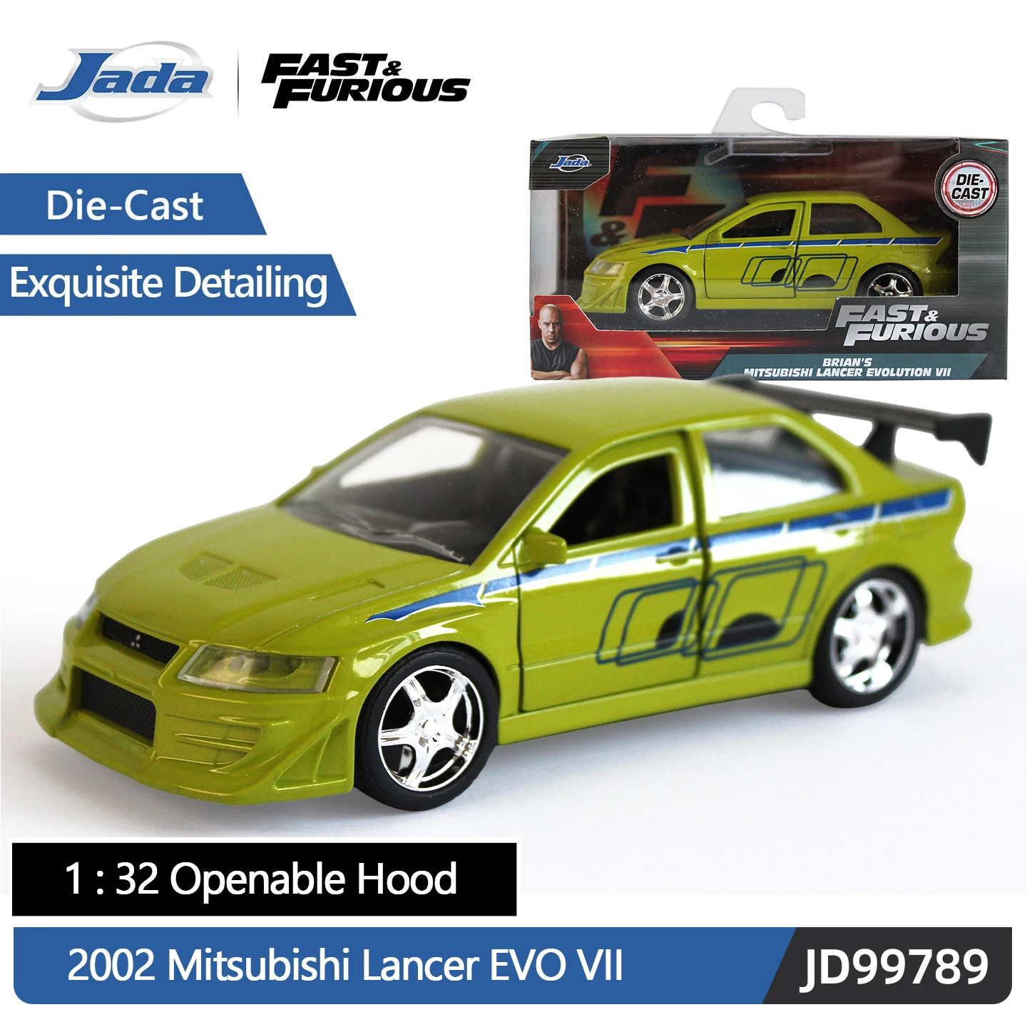 JADA 1:32 Scale DieCast Metal Fast & Furious 2002 Mitsubishi Lancer Evolution VII Vehicle Featuring Opening Doors Hood JD99789